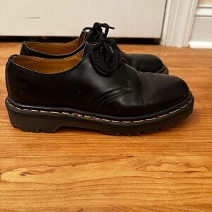 Dr. Martens Black Leather 3-Eye Derby Shoes with Yellow Stitching